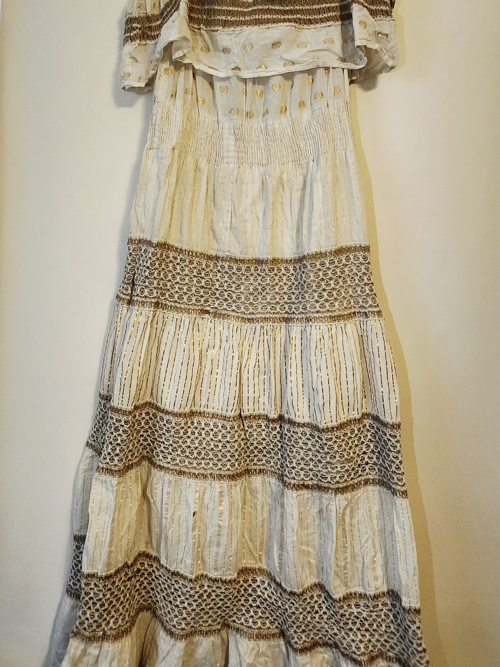 Boho Cream Maxi Dress with Gold Accents